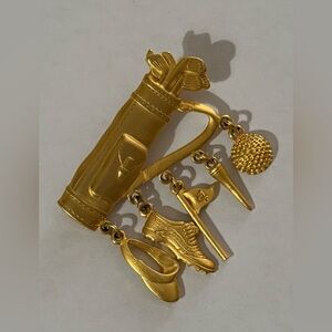 Gold Golf Themed Brooch with Hanging Charms.